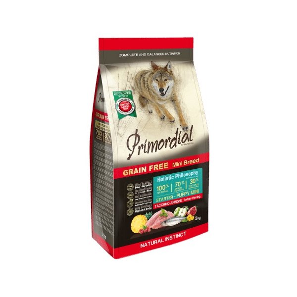 פרימורדיאל מזון יבש לגורי כלבים נטול דגנים מגזע קטן סטארטר הודו והרינג באנר