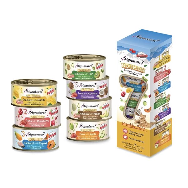 חדש!! סיגנצ’ר 7 מארז מזון בריאות ברוטב פירות שבועי לחתולים 7 טעמים NOURISH  באנר