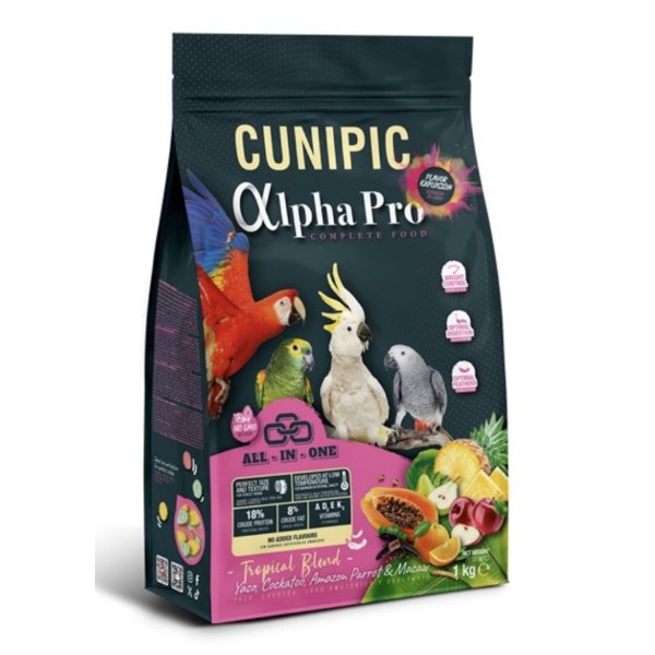 קוניפיק אלפא פרו מזון מלא וייחודי לתוכים גדולים טרופי CUNIPIC Alpha Pro באנר